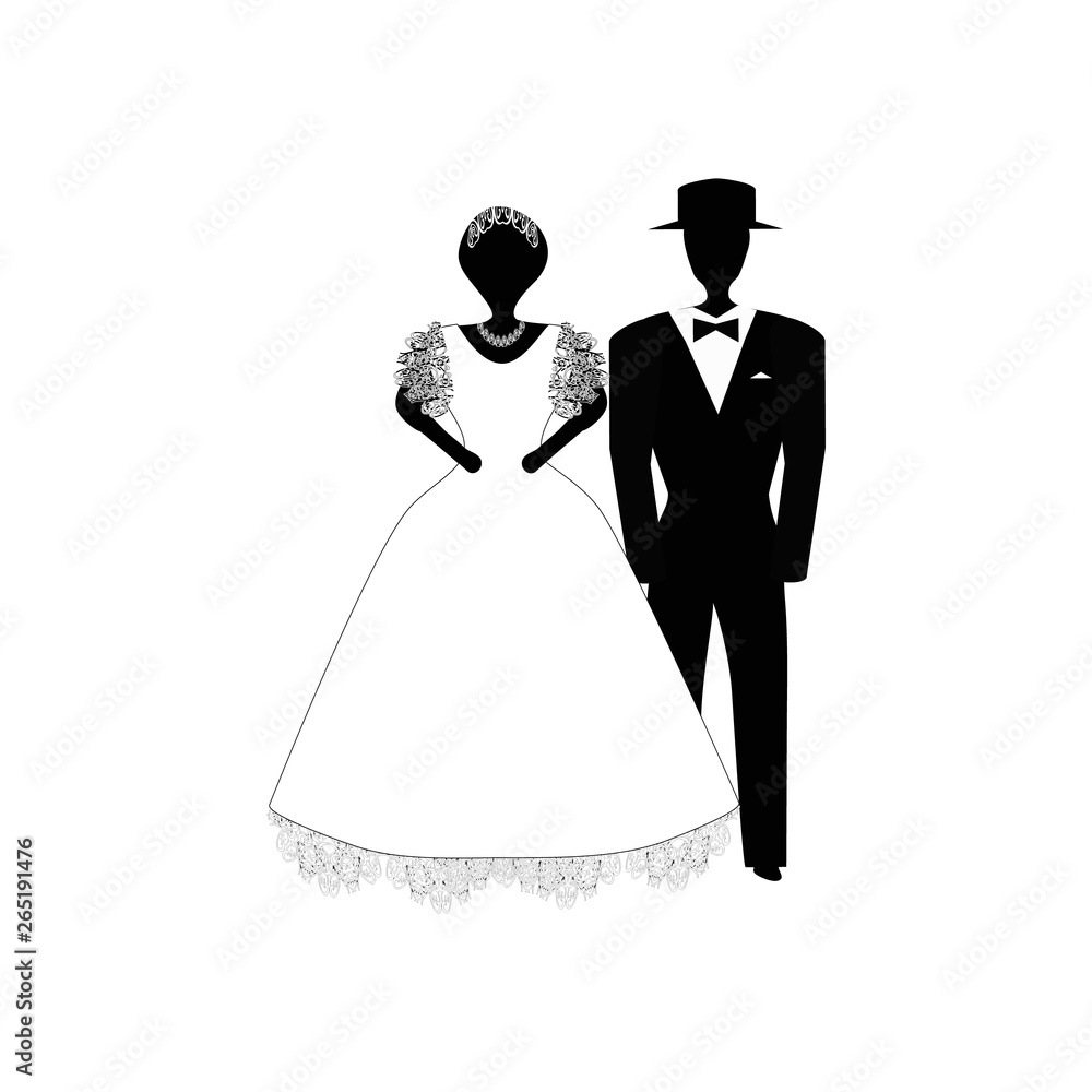 Bride and groom. Black white silhouette. Vector illustration on isolated background. Bride and groom. Black white silhouette. Vector illustration on isolated background.