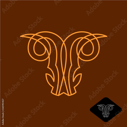 Demon goat head line style logo. Satan ram scary stylized symbol.