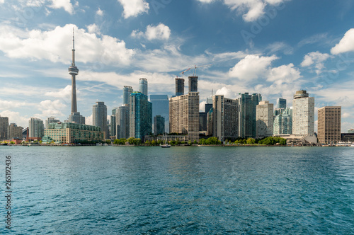 Photography Lake Ontario view, City of Toronto skyline and quays with trees.