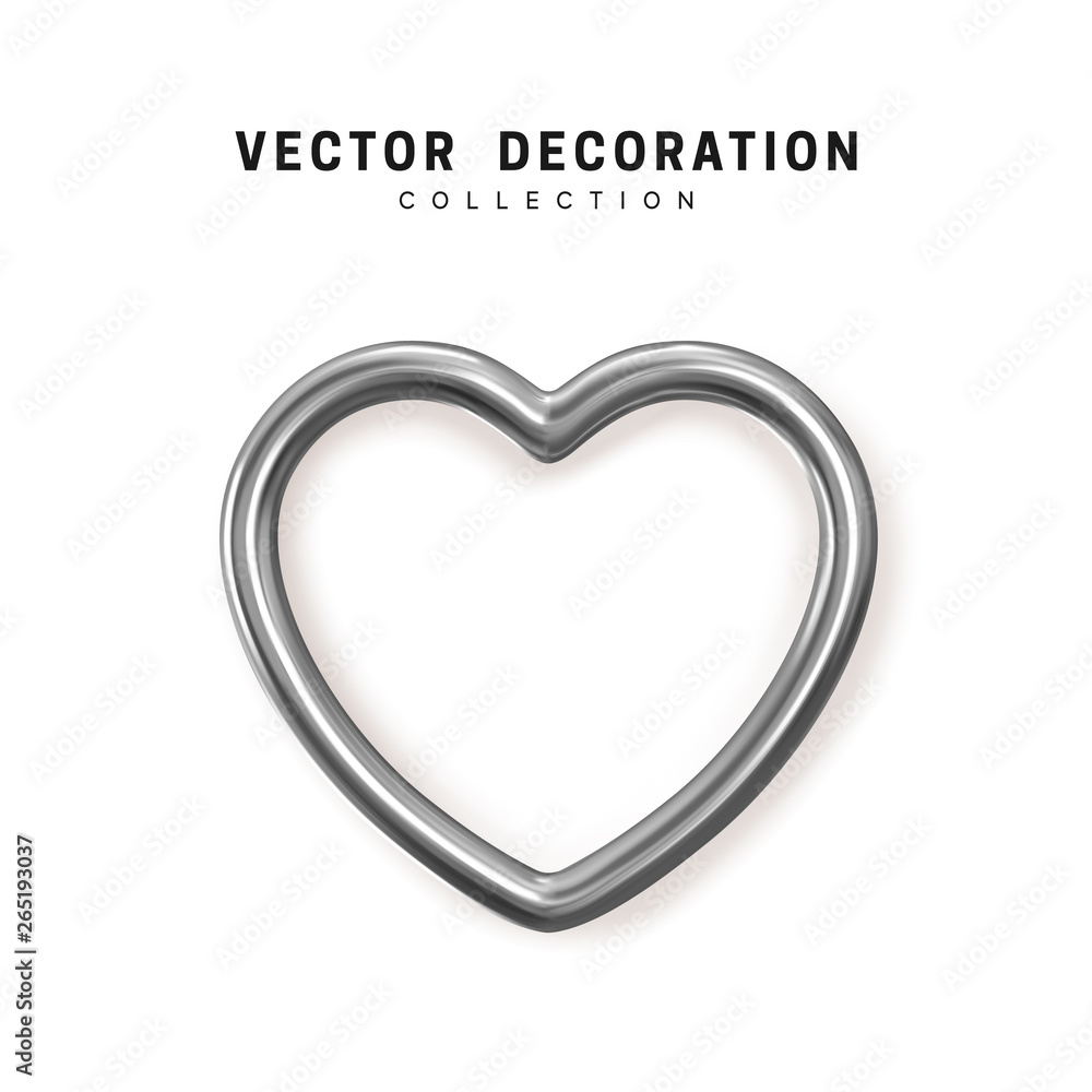 Heart shape and silver. Hollow white metallic heart empty inside