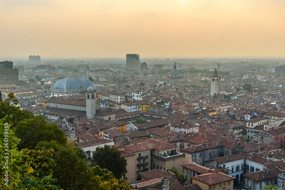 View of Brescia from Castle of Brescia at sunset. Italy