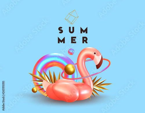 Background with 3d objects, bird shape pink flamingo, torus lifebuoy color gradient, golden balls and rings, gold palm leaves.