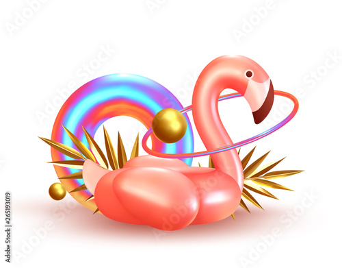 Background with 3d objects, bird shape pink flamingo, torus lifebuoy color gradient, golden balls and rings, gold palm leaves.