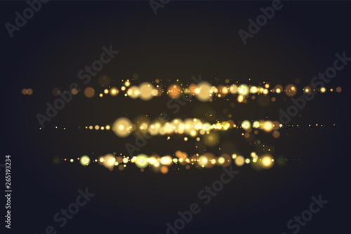 Golden bokeh sparkle glitter luxury glamor camera flash light background. Abstract defocused circular party magic christmas background. New year glamorous elegant, shiny background.
