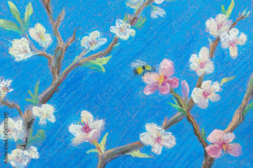 Carta da parati Part of painting pastel on paper Blooming branches against the blue sky