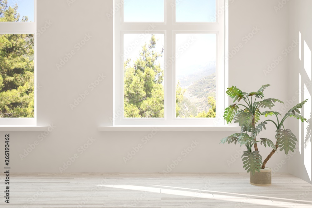 Stylish empty room in white color with summer landscape in window. Scandinavian interior design. 3D illustration Stylish empty room in white color with summer landscape in window. Scandinavian interior design. 3D illustration