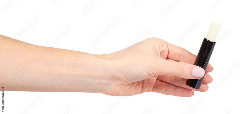Hand with white balm lipstick, lips care and beauty Hand with white balm lipstick, lips care and beauty