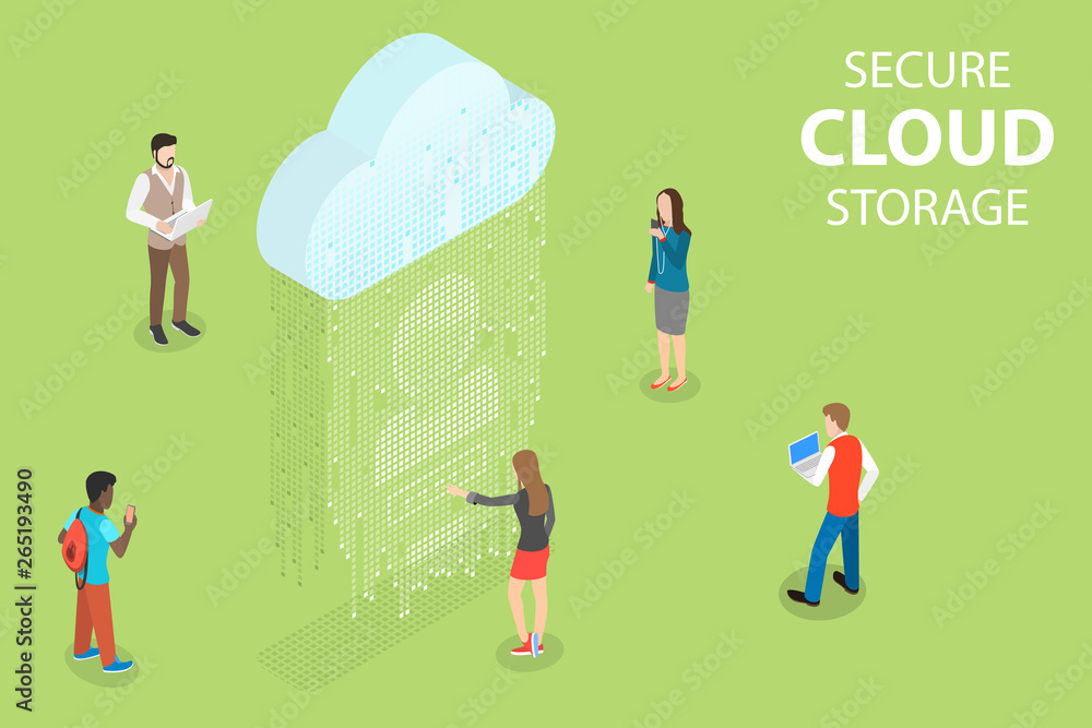 Flat isometric vector concept of secure cloud storage, big data, online computing service, mobile device sync. Flat isometric vector concept of secure cloud storage, big data, online computing service, mobile device sync.