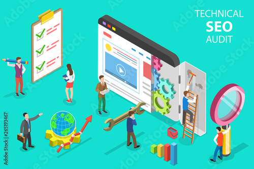 Isometric flat vector concept of technical SEO audit, search engine strategy, content marketing, website development.