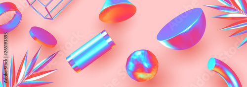 Background with 3d geometric objects. Objects 3d shape vector minimal poster.
