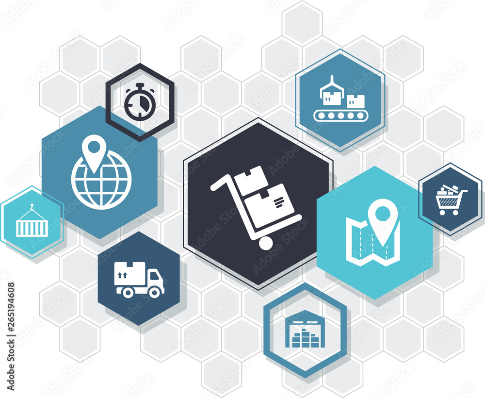 Supply chain & logistics hexagons icon concept: warehousing, shipping and distribution symbols – vector illustration Supply chain & logistics hexagons icon concept: warehousing, shipping and distribution symbols – vector illustration