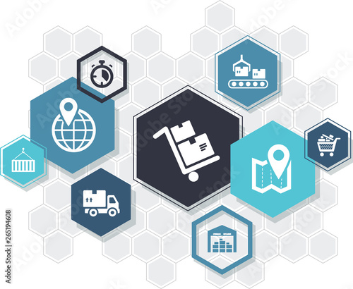 Supply chain & logistics hexagons icon concept: warehousing, shipping and distribution symbols – vector illustration