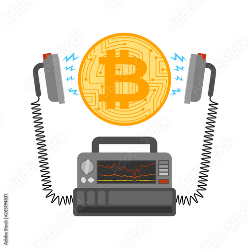 Defibrillator and Bitcoin. Cryptocurrency launch. Medical device. electropulse therapy of BTC. Business concept in crypto exchange