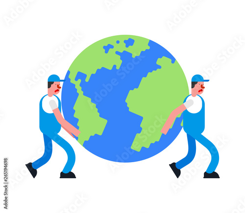 Movers and Earth. Porters carry planet. Delivery service. Loader mover man holding. Moving Vector illustration