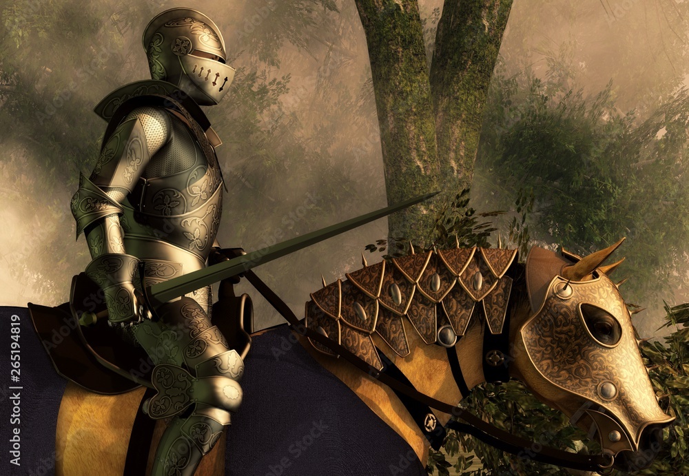 Fototapeta Sword in hand, a knight in shining armor rides on his armored horse through a foggy medieval forest. 3D Rendering