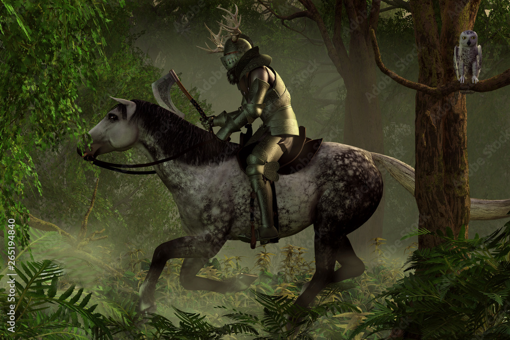 A armored medieval knight, axe in hand, and with a helmet decorated with antlers, rides his horse through a dense forest. 3D Rendering A armored medieval knight, axe in hand, and with a helmet decorated with antlers, rides his horse through a dense forest. 3D Rendering
