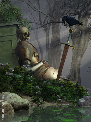 In a deep forest, a skeleton of a long dead knight, still wearing plate armor, lays against an old stone marker.  A crow lands on the deceased warriors rusty sword. 3D Rendering