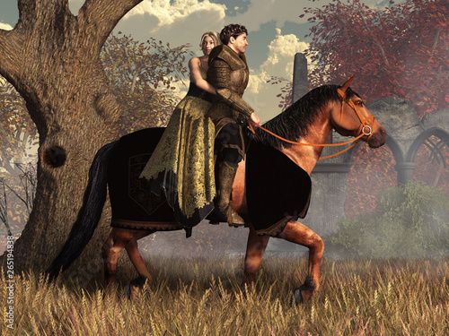 Obraz na plátně A knight in golden armor rides on horseback with the damsel he has just rescued sitting in the saddle behind him: a nice medieval romantic scene