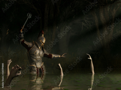 An armored knight raises a mace ready for a strike.  He is waist deep in the waters of a haunted swamp. Hands of ghosts reach up from the waters. to grab him. 3D Rendering