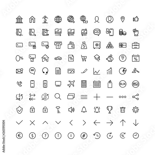 Set icons bank. Thin line, icons for a design business, finance, and accounting, for mobile concepts and web apps. Collection modern infographic logo and pictogram.