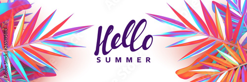 Summer banner. Background palm leaves branches of gradient color.
