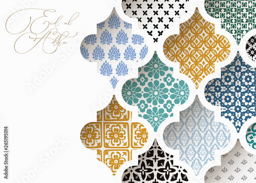 Muslim holiday Eid al Adha greeting card. Close-up of colorful ornamental arabic tiles, patterns through white mosque window. Ramadan invitation. Vector arabesque illustration bacground, modern design