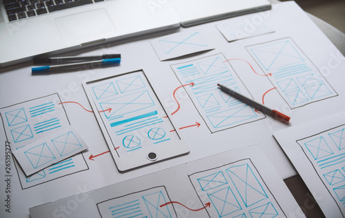 Obraz na płótnie ux Graphic designer creative sketch planning application process development prototype wireframe for web mobile phone . User experience concept.