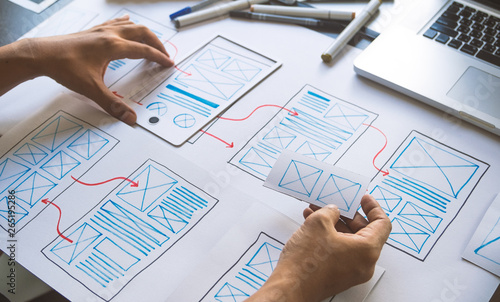 ux Graphic designer creative sketch planning application process development prototype wireframe for web mobile phone . User experience concept.