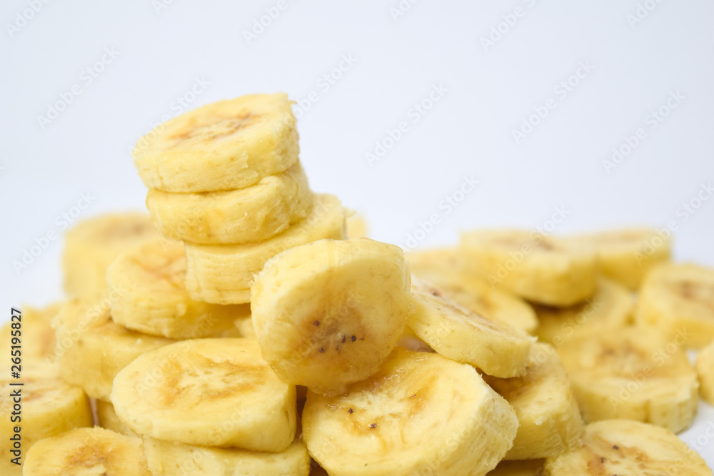 Close up slice yellow banana isolated on white background Close up slice yellow banana isolated on white background