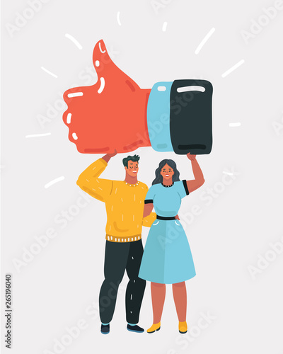 Man and woman hold big thumb up icon. Successful social media, teamwork. Business poster, card for presentation, social media, banner, web page. Flat design vector illustration