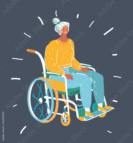 Senior woman in wheelchair with careful man. Young volunteer caring for elderly woman. Adult helping and supporting old aged female. Isolated Vector.