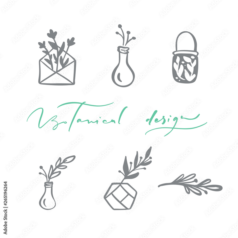 Fototapeta premium Set of vector scandinavian floral Logo. Hand drawn icon flower organic cosmetic, florist wedding, home decor. Botanical Design text