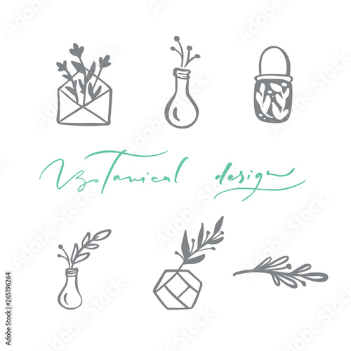 Set of vector scandinavian floral Logo. Hand drawn icon flower organic cosmetic, florist wedding, home decor. Botanical Design text