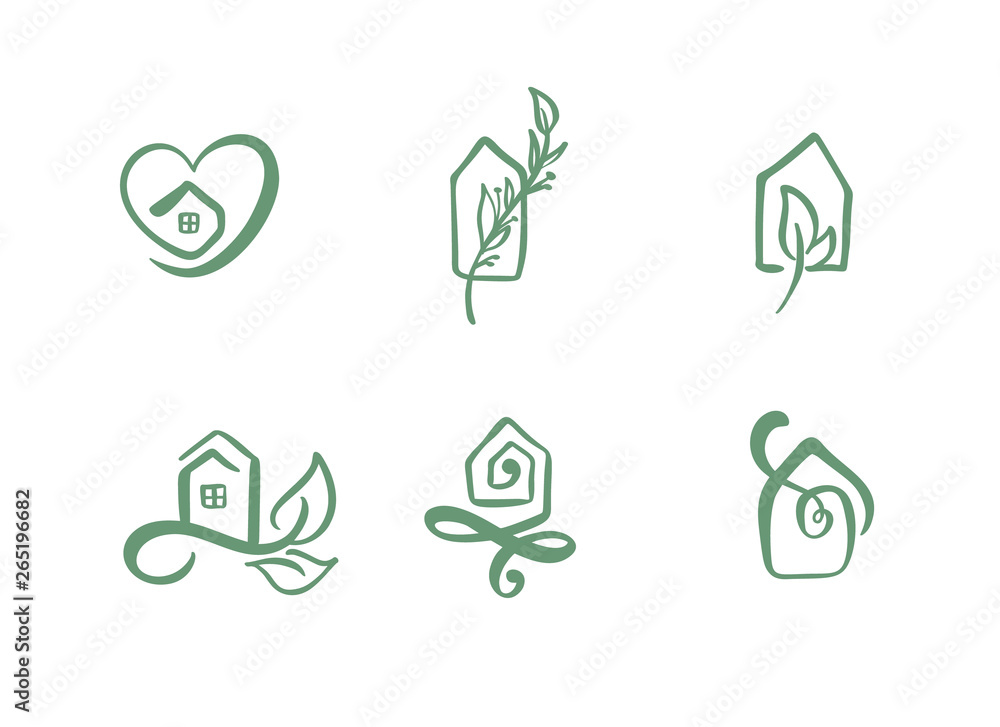 Set of simple calligraphy houses hand drawn logo. Real Vector Icons ...