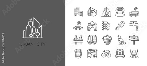 Urban and city element icon set in trendy simple line art style