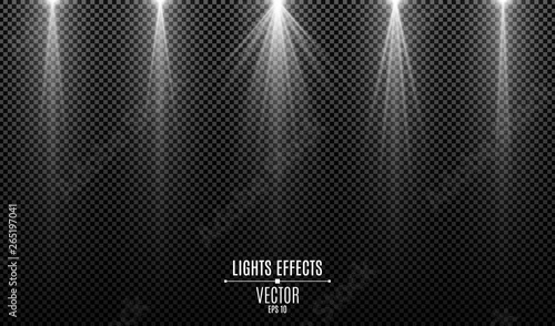 Set of white lights effects isolated on a dark transparent background. White rays. Lamp beams. Neon glowing. Light from the spotlight. Backlight. Vector illustration.