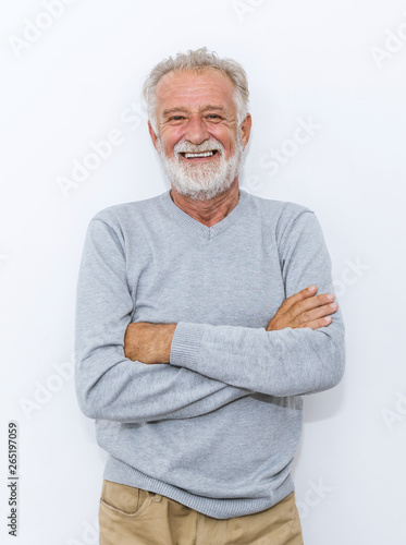 Картината върху платно Portrait of healthy happy smile senior elderly caucasian old arm crossed with copy space isolated on white