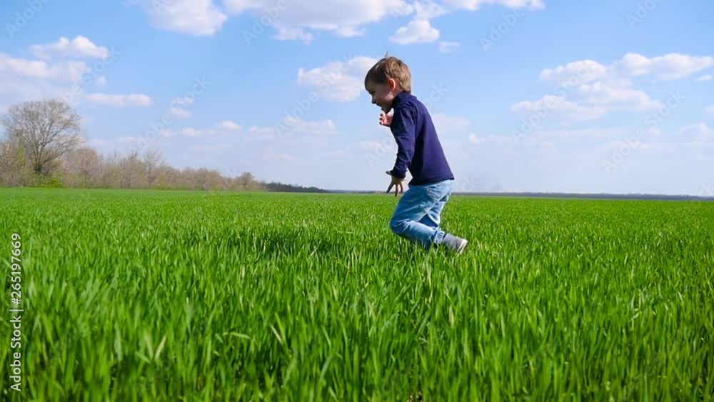 A happy child runs across a field of green grass and kicks a soccer ball in slow motion A happy child runs across a field of green grass and kicks a soccer ball in slow motion