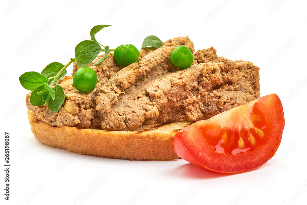 Homemade liver pate sandwich, close-up, isolated on white background Homemade liver pate sandwich, close-up, isolated on white background