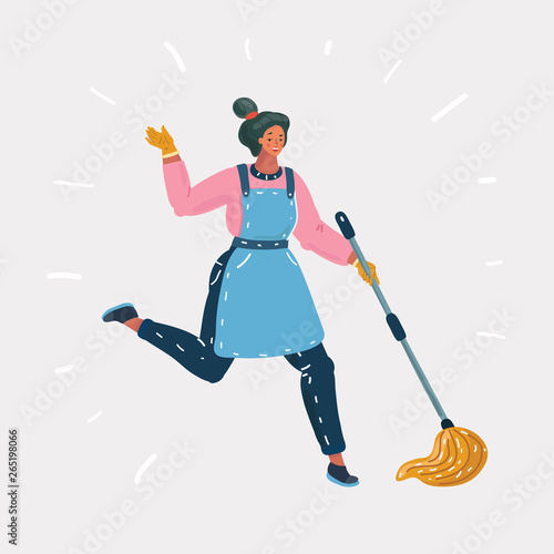 Kid cleaning floor with dust mop wet broom. 