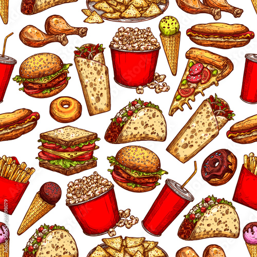 Fast food snacks, desserts seamless sketch pattern