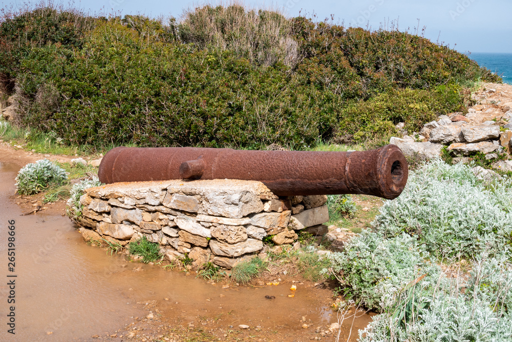 old cannon on the Sentier des Douaniers (Custom Officers Route), a famous coastal path for hikers, Corsica, France