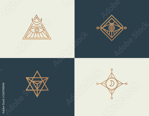 Set abstract linear isoteric logos golden mystical symbols