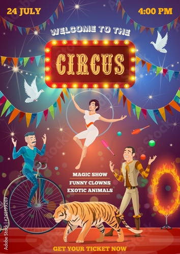 Circus acrobats, equilibrist and animal tamer