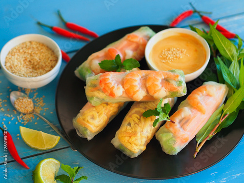 Fresh summer rolls with shrimp and vegetables, Vietnamese food for healthy food concept.