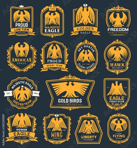 Eagle bird heraldic icons, hawk heraldry symbols