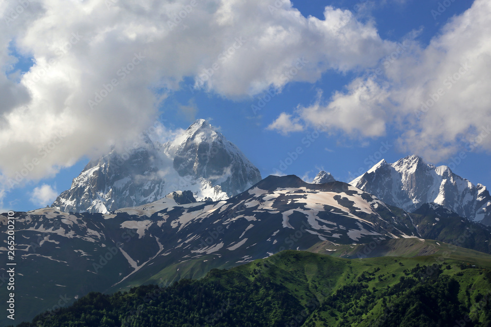 View of the two peaks of Mount Ushba near the village of Mestia in the Upper Svaneti region, Georgia.