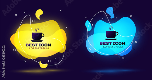 Black Coffee cup icon isolated on blue background. Tea cup. Hot drink coffee. Set of liquid color abstract geometric shapes. Vector Illustration