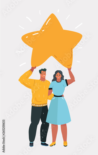Woman hold a big gold star. Victory, rating.