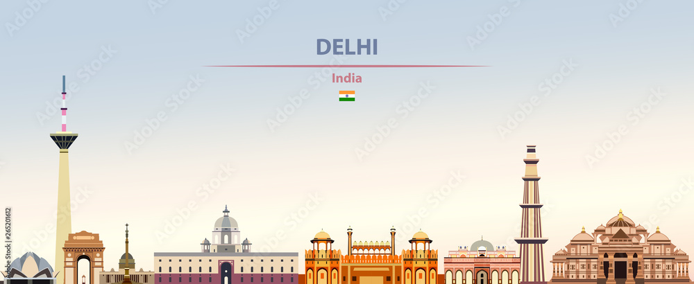 Vector illustration of Delhi city skyline on colorful gradient beautiful daytime background - obrazy, fototapety, plakaty 